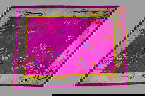 Art Deco Chinese Rug: Art Deco Chinese Rug. Circa 1930s. Bamboo trees, floral motif and lanterns over a purple and pink field. Chartreuse and camel borders. 8'9" x 11'9".