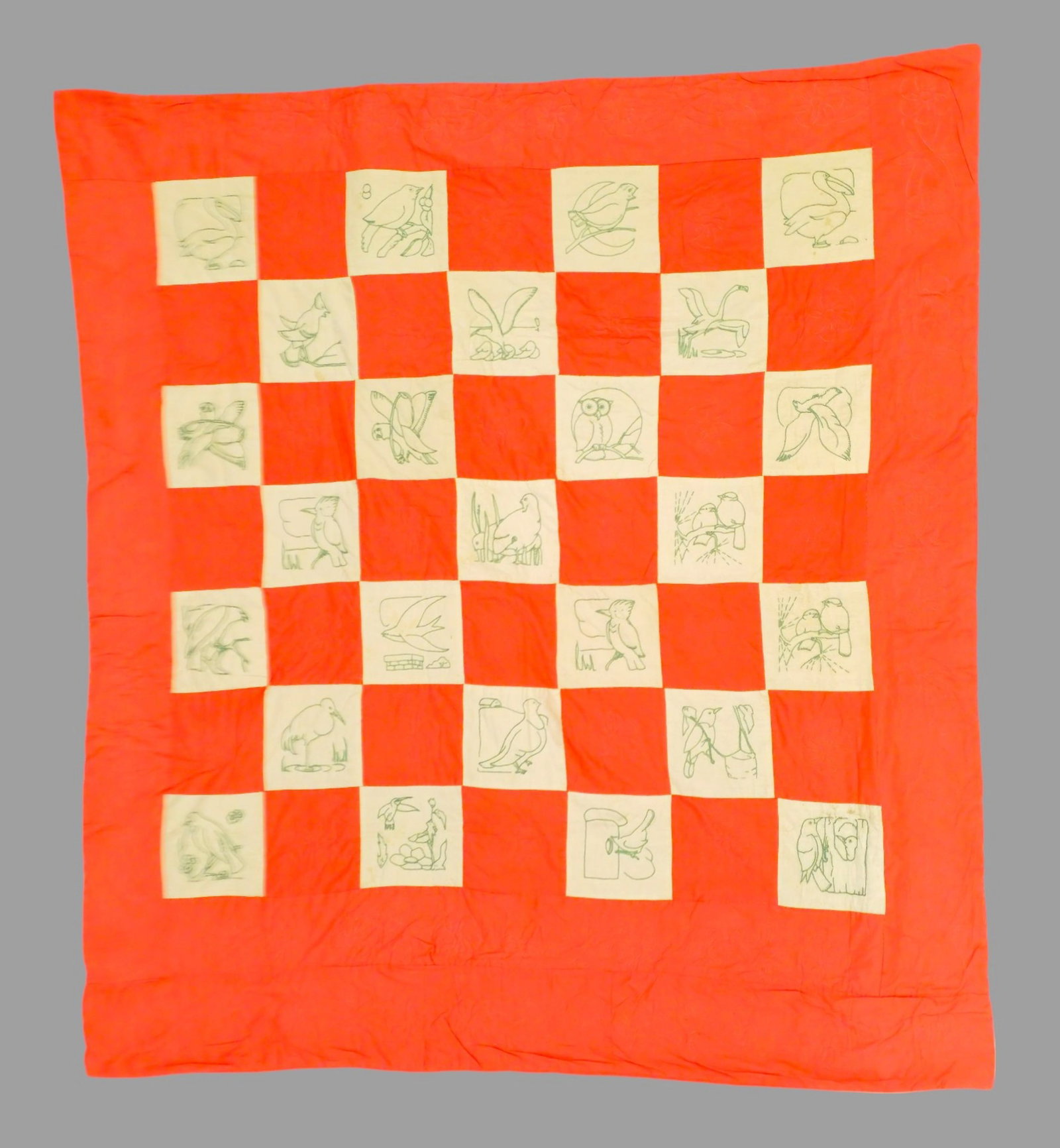 Orange & Green Crosstiched Hand Sewn Quilt: Orange & Green Crosstiched Hand Sewn Quilt, Standard/Queen, 1940's. 76w x 80L