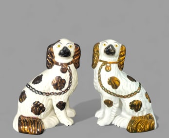 19th Century Staffordshire Spaniels with Gold Lustreware