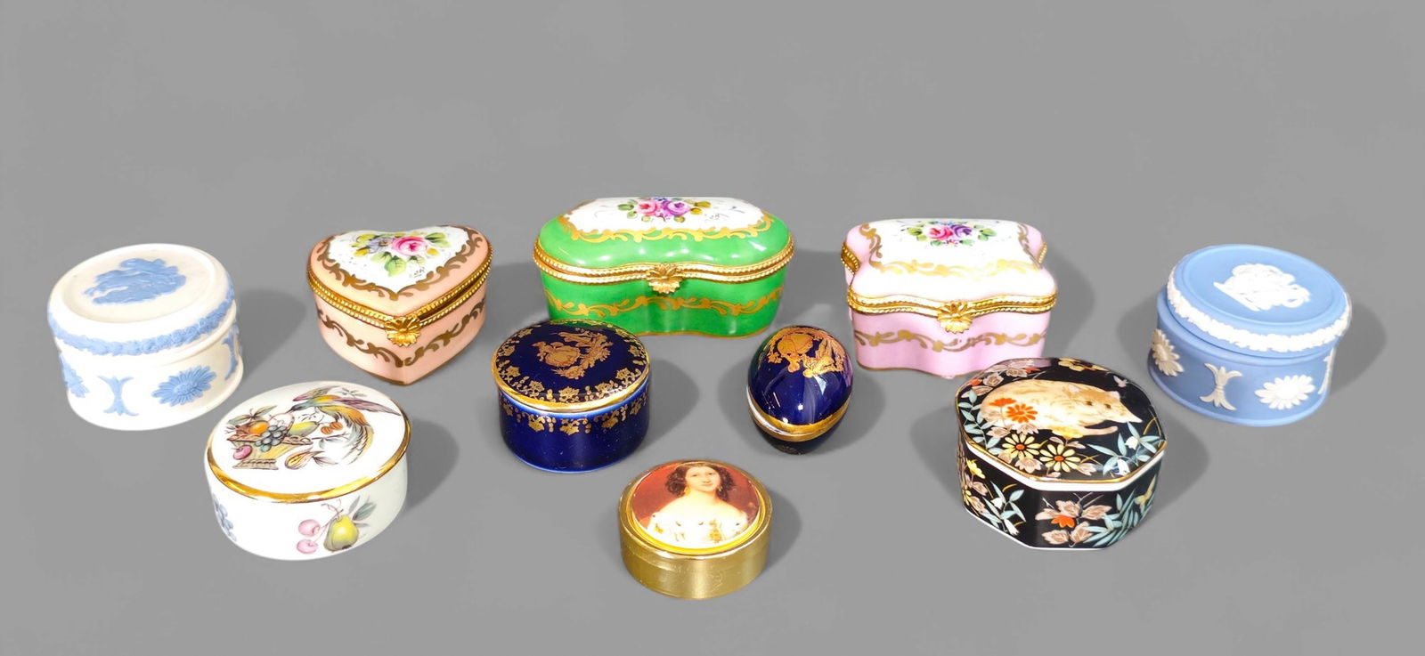 Assembled Limoges, Wedgewood & Portrait Pill Boxes: Assembled Limoges, Wedgewood & Portrait Pill Boxes, (10) total. (6) Limoges- Heart shape with floral decoration, (2) casket shaped with floral decoration, (2) cobalt blue and round box with bird and f