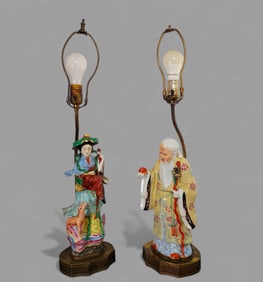 Chinese Porcelain Shou Xing & Famile Rose Figural Group Lamps