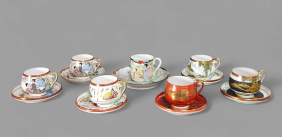Assembled Japanese Late Meiji Period Porcelain Cups & Saucers