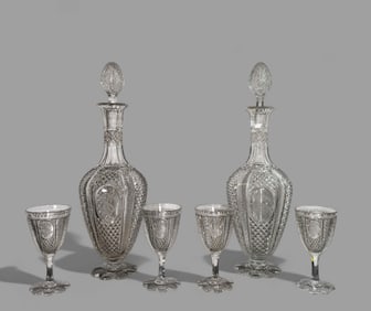 19th Century American Sawtooth Diamont Point Cut Flit Glass Decanters & Goblets