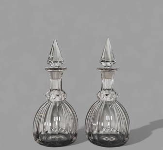 Early 20th Century Crystal Decanters: Early 20th Century Crystal Decanters, pair. Hand blowl with conical shaped stoppers. 5dia x 11 5/8h