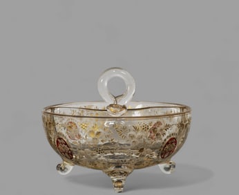 19th Century Bohemian Glass Footed Bowl with Ring Handle