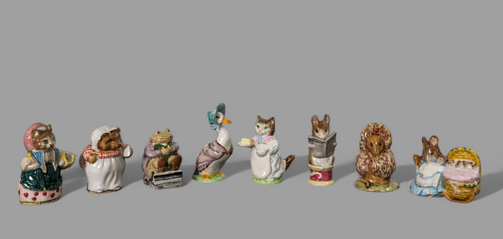 Assembled Beatrix Potter's Animal Figures: Assembled Beatrix Potter's Animal Figures, (8) total. Honca Munca, Thomasina Tittlemouse, Mr Jackson, Ribby, Mrs. Tiggy Wrinkle, Taylor of Gloucester, Cousin Ribby and Jemima Puddle duck. Puddle duck-