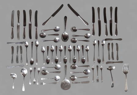 Gorham Sterling Silver Flatware Set: Gorham Sterling Silver Flatware Set, (65) pieces total. Set consists of (12) dinner knives 9 1/2 long, (6) ice tea spoons, (12) soup spoons, (7) shrimp forks, (11) butter knives, serving fork, serving