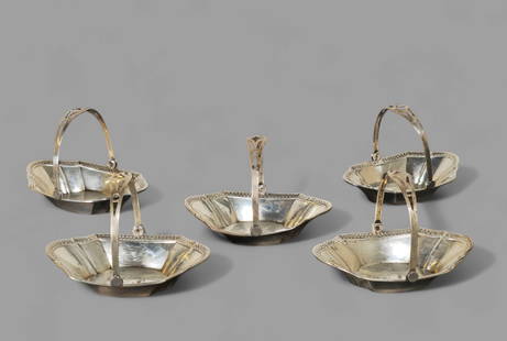 Webster Co. Sterling Silver Nut Basket/ Bowls: Webster Co. Sterling Silver Nut Basket/ Bowls, set of (5). Open work handle and scalloped border. Manufacturer's marks and sterling to underside. 3 3/4w x 2 1/5d x 2 3/4h. 3.09 ozt.