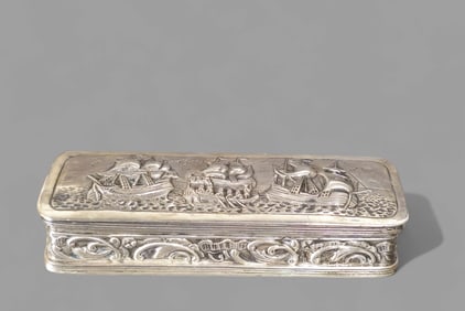 Sterling Silver Hinged Lid Box with Embossed Ships