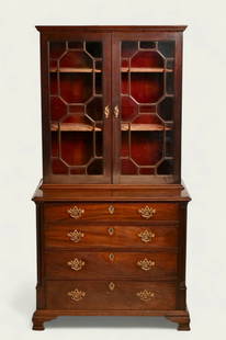 Chippendale China Press: Chippendale China press. Mahogany, poplar and pine. Old finish. Brass appear to original, dental molding to cornice, reeded corner columns on chest. Both backs have rose-head nails. 41w x 22 1/2d x 79