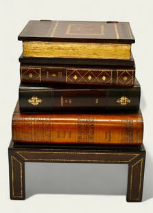 Maitland Smith "Book Series" Occasional Table: Maitland Smith "Book Series" Occasional Table. 20th century. Tooled leather table with hinged top and wall paper interior. Manufacturer's mark to interior. 15 1/4w x 17d x 21h.