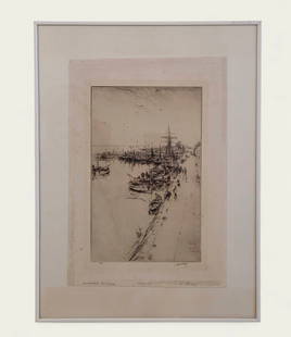 James McBey (1883-1959, USA, UK) Etching of Port Scene: Etching on woven paper, untitled, port scene, January 1921. Signed, titled and dated lower margin. Sheet size- 15 3/8 x 10 3/4 Frame- 20 1/4 x 15 1/4