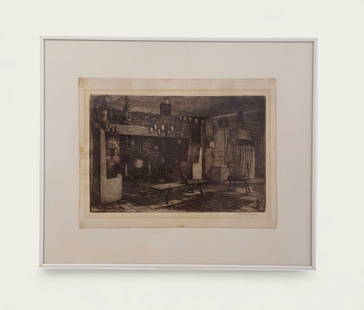 James L. Thompson (19th Century, South Carolina, Scottland) Etching: Etching on hand woven paper, "East Glouceter, Mass" country living etching. Signed and titled lower margin. Sheet size- 9 3/4 x 12 3/4 Frame- 15 1/4 x 18 1/4