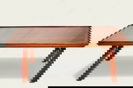 Chinese Elmwood Plank Cocktail Table: Coffee table. 20th century. Plank top with raised border. Angular legs with double stretchers. 33 1/4w x 15 3/4d x 13h.
