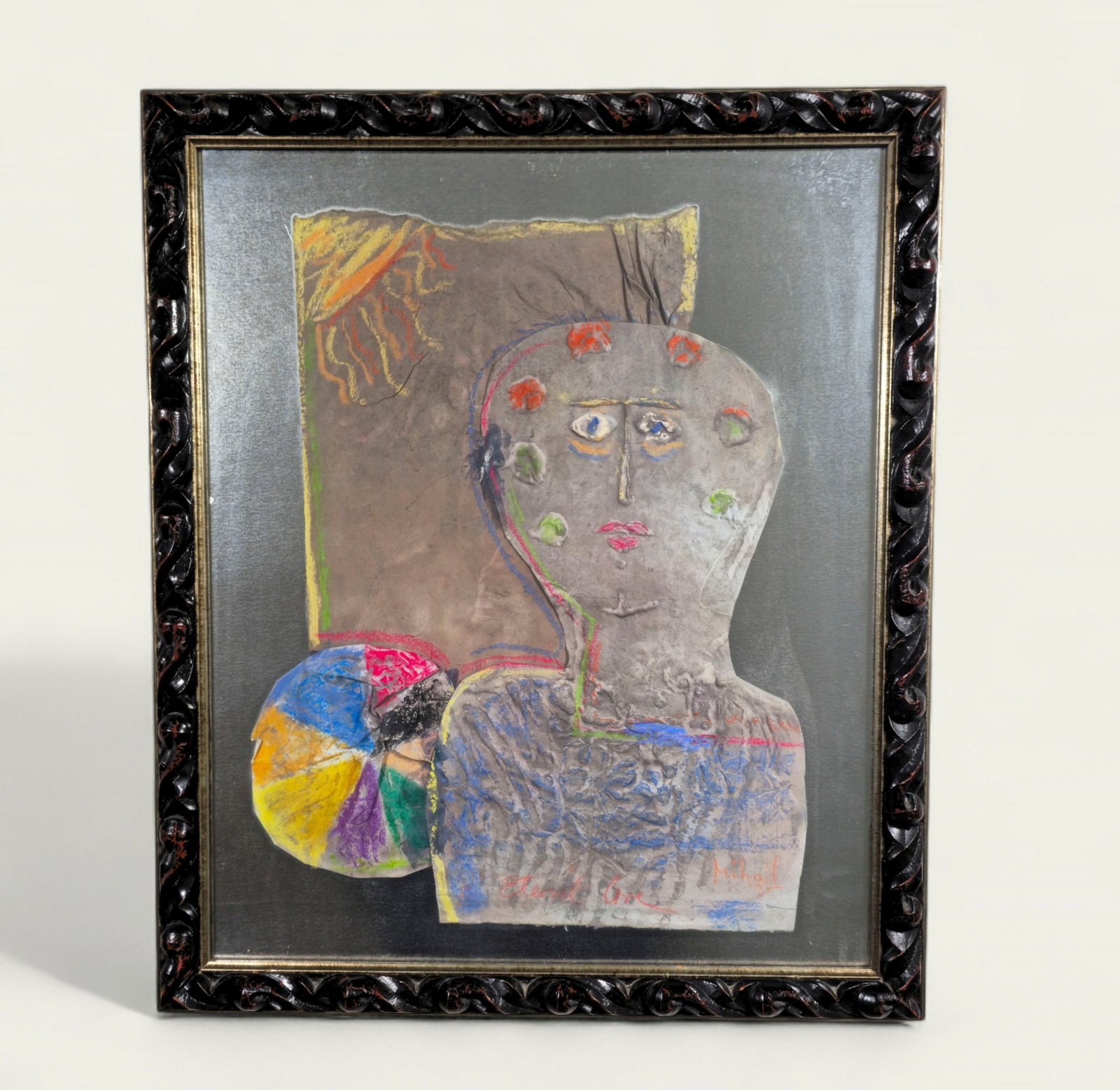 Mihail Simeonov (B. 1929, New York) Intaglo Collage on Paper: Intaglo collage on paper with aluminum back, "Eternal Love" signed in colored pencil and titled lower margin. Housed in fine carved wood frame. Sight- 23 1/2 x 19 1/4 Image size- 20 1/2 x 16 1/4 Frame