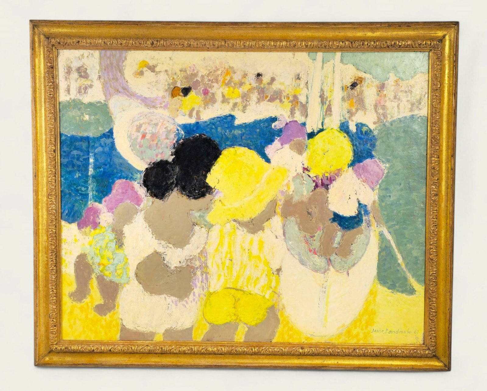 Denise Bourdouxhe (1925-1990)(France) Oil, "Enfants a' le Barque": Oil on canvas, "Eufants a' le barque". Signed and dated 1967 lower right. Signed, dated and titled to verso. Housed in gilt frame. Sight- 28 1/4 x 35 1/2 Frame- 34 1/2 x 44 1/4