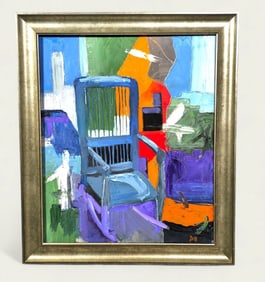 Malcolm Meyn (20th Century, USA) Oil, Chair on Colorful Geometric Background