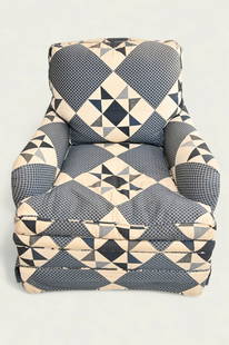 Antique Quilted Easy Lounge Chair: Quilted upholstery easy lounge chair, circa 1920s. Mahogany legs and loose cushions. 29 1/4w x 35 1/2d x 28 1/2h, SH- 16 1/2.
