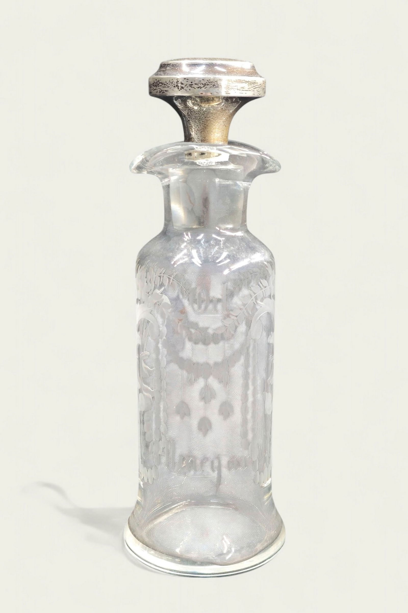 Etched Glass Oil & Vinegar Jar with Sterling Stopper: Etched glass oil and vinegar bottle with bellflowers and foliage. Sterling silver and glass stopper. 2 1/2dia x 7 1/4h