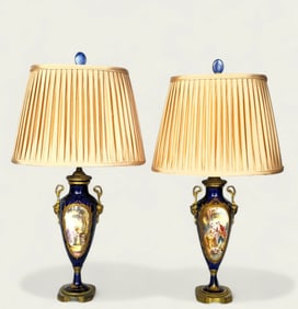 19th Century French Sevres Porcelain Ormolu Mounted Bronze Table Lamps