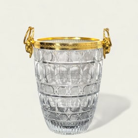 French Crystal Ice Bucket with Brass Goat Head Handles
