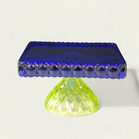 Fenton Uranium (Vaseline) Glass & Cobalt Blue Cake Stand
