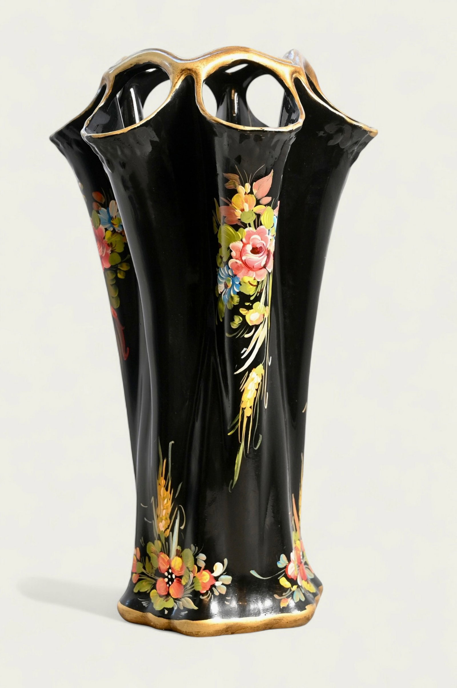 Art Nouveau Enamel Gilt Umbrella Stand: Art Nouveau Enamel Gilt Umbrella Stand. Hand painted floral decoration on clover form umbrella stand. 15 dia x 25 1/2h