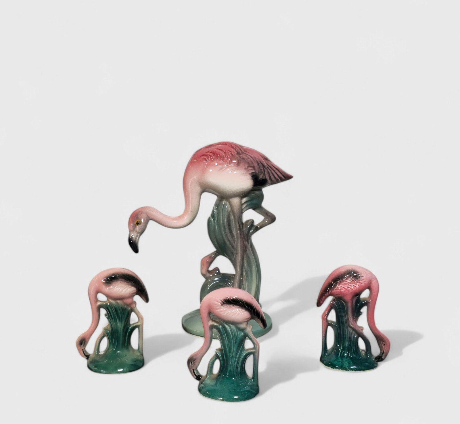 Brad Keeler MCM Pottery Flamingos, Plus: Brad Keeler MCM Pottery Flamingos, Plus, USA, 1950's-1960's. (2) Keeler and (1) odd. 5 1/4w x 3 1/2d x 10h