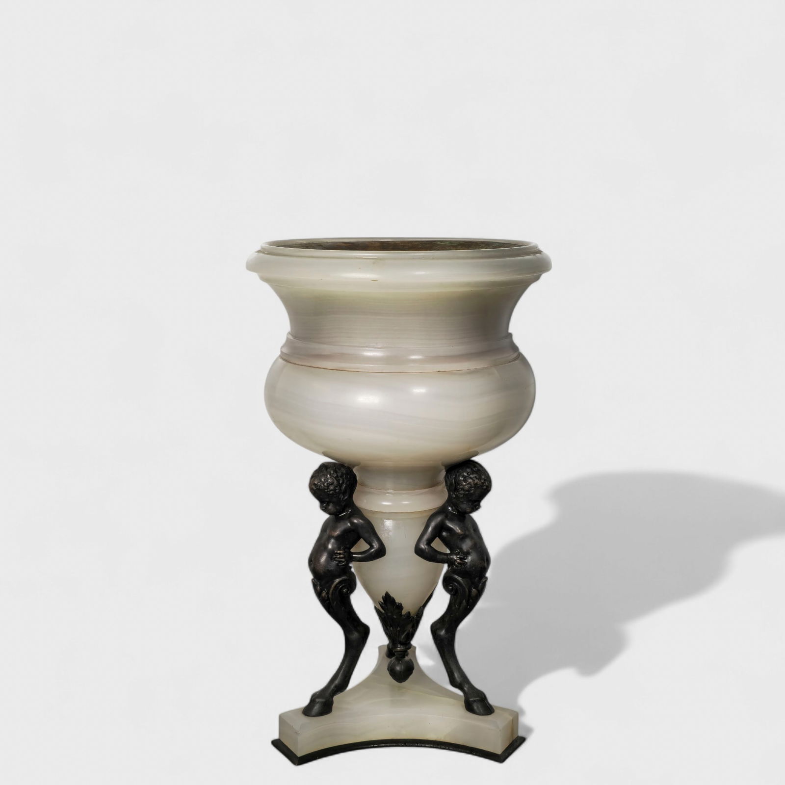 Art Deco Onyx & Putto Urn: Art Deco Onyx & Putto Urn, French or German. Original metal liner. Onyx, bronze and metal. #6246 to underside. 7dia x 11 3/4h