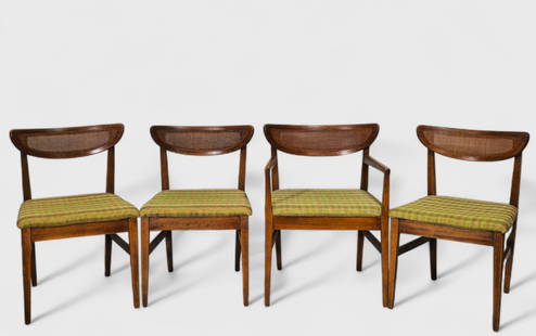 Merton Gershun "Cats Eye" Dining Chairs: Merton Gershun "Cats Eye" Dining Chairs, (1) arm and (3) side chairs. American of Martinsville, USA, 1960, MCM. Walnut and cane. Side chairs- 20w x 18d x 31h SH- 18 Arm Chair- 22 1/4w x 21 1/4d x 30 1