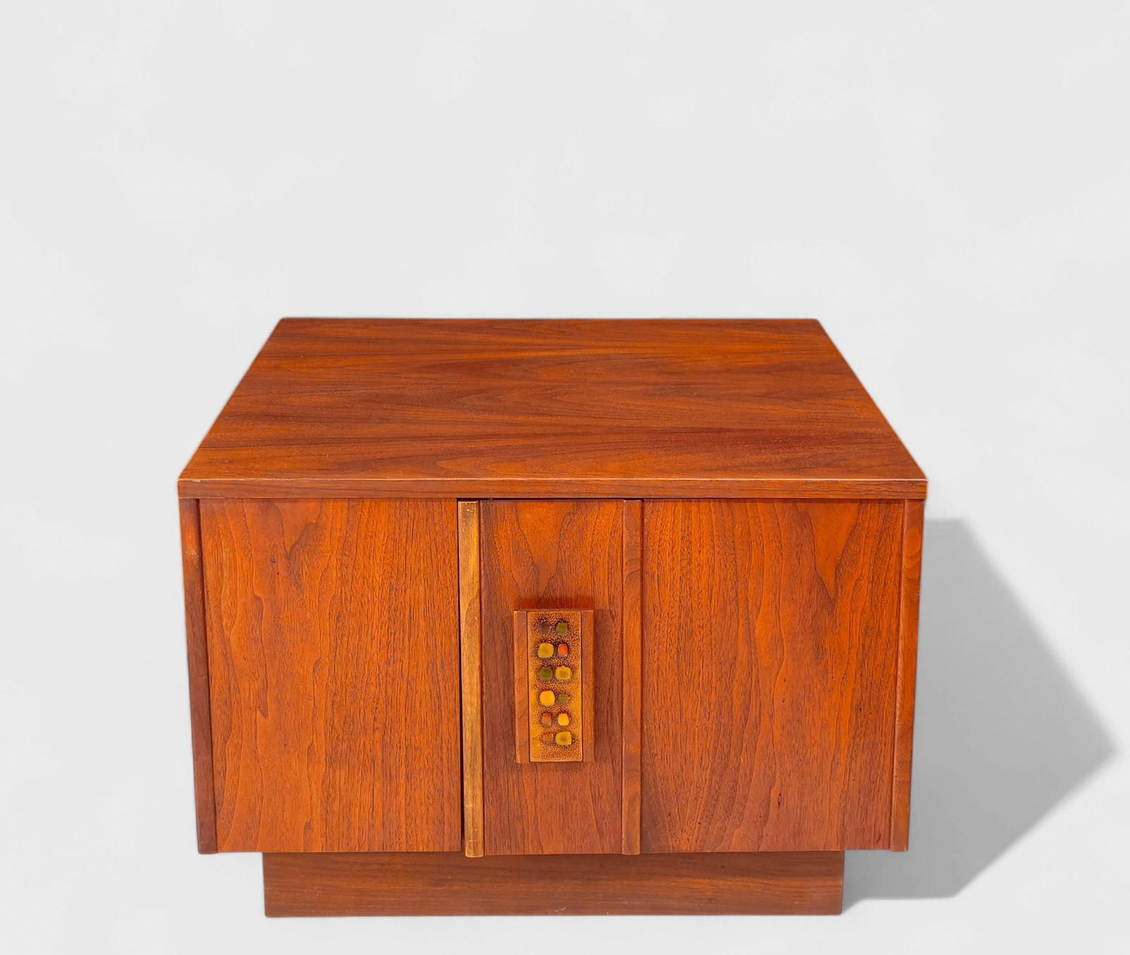 John Keal Storage Cube Table: John Keal Storage Cube Table, Brown Saltman, USA. 1960, MCM. Walnut and enameled copper. 27w x 27d x 19 1/4h