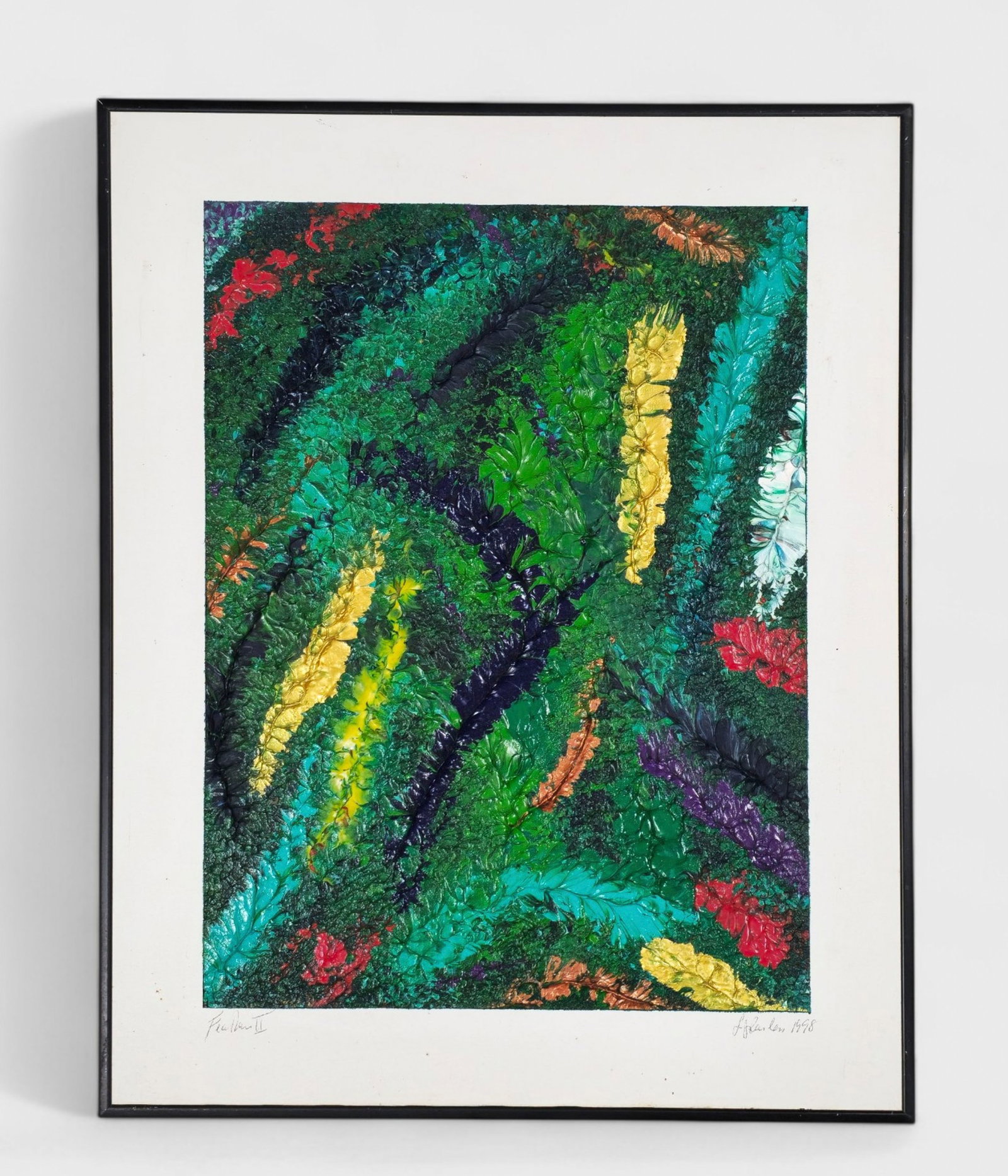 Carlen (20th Century) Acrylic, Composition "Feathers II": Acrylic on canvas, "Feathers II" signed, dated 1998 and titled lower margin. Sight- 19 5/8 x 15 5/8 Frame- 20 1/4 x 16 1/4