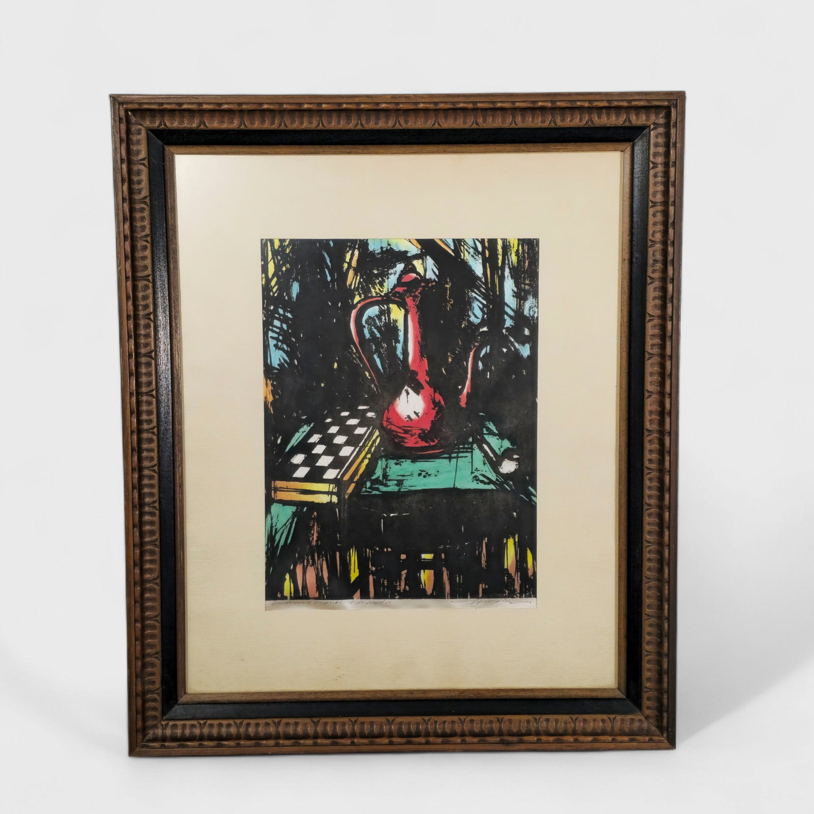 Hiroki Morinou (B. 1947) Woodcut in Color: Woodcut on paper, titled illegible. Still life of game board and teapot. Signed and titled lower margin. Matted and housed in molded frame. Image size- 15 x 11 Frame- 25 3/4 x 21 3/4