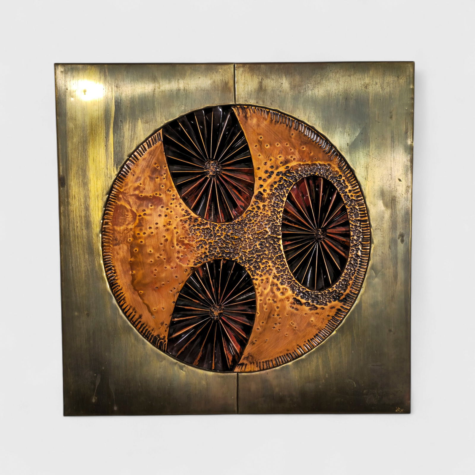 Sammy Tsui Wall Relief Sculpture: Wall relief sculpture, 1970. Copper and brass. 18 1/4w x 1d x 18 1/4h