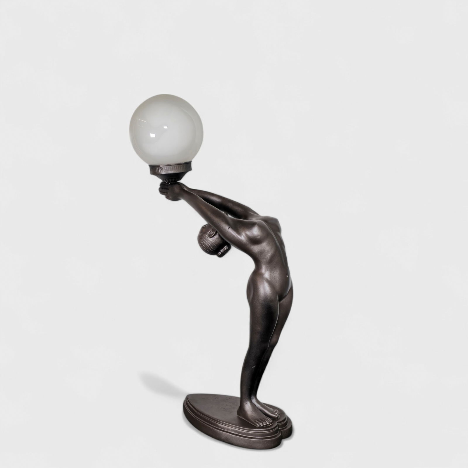 Art Deco Revival Nude "Lady Grace" Globe Lamp: Art Deco Revival Nude "Lady Grace" Globe Lamp, USA, 1970's. Max Le Verrier style white glass globe. 15w x 6d x 25h