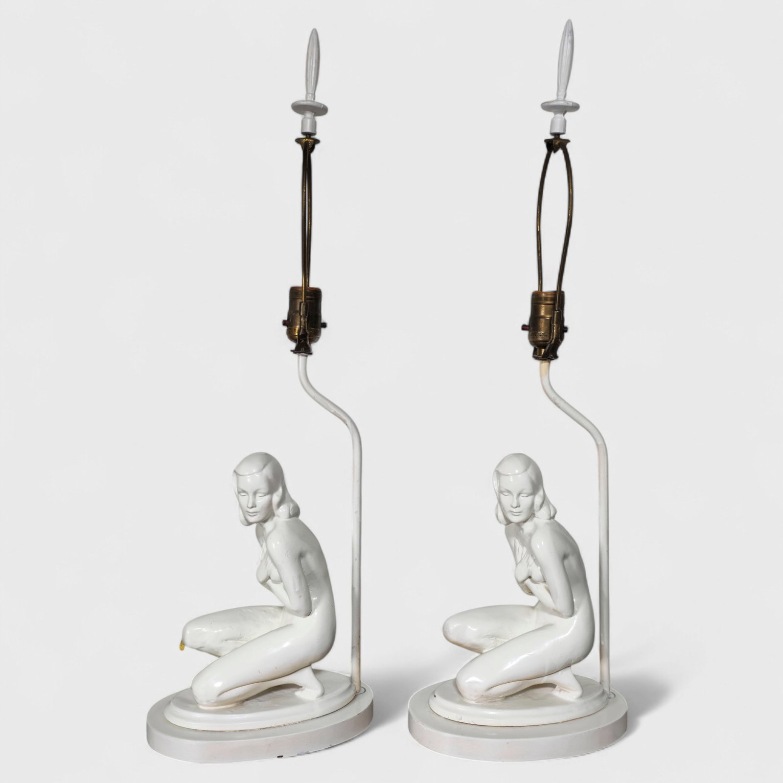 Art Deco Nude Table Lamps: Art Deco Nude Table Lamps, pair, USA, 1920's. Painted metal. 9 1/2w x 6 1/2d x 16h