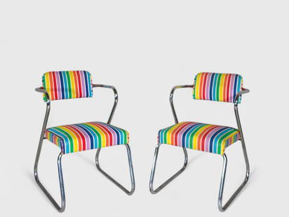 Gilbert Rohde "Z" Chairs: Gilbert Rohde "Z" Chairs, pair. Troy Sunshade, Troy Streamline metal series, USA, 1931. Chrome plated steel and upholstery. 19 1/2w x 25d x 32h Sh-18