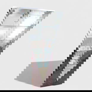 Directional Trapezoid Lighted Display Cabinet: Directional Trapezoid Lighted Display Cabinet, USA, 1980's. Silver plated metal, black glass, glass and mirrored glass. 42w x 17 1/2d x 71 1/2h.