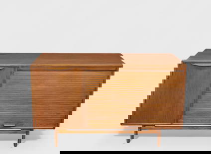 Jens Risom Credenza/Cabinet: Jens Risom Credenza/Cabinet, Jens Risom Designs, USA. Tambour door and four exterior drawers. Interior shelves. 54w x 21d x 31 1/2h