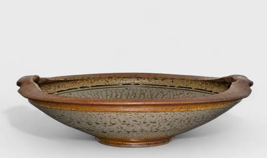 Evans Large Stoneware Art Pottery Studio Bowl: Evans Large Stoneware Art Pottery Studio Bowl, USA, 1983. Incised signature and dated 1983 to underside. Glazed stoneware. 18w x 16 3/4d x 5h