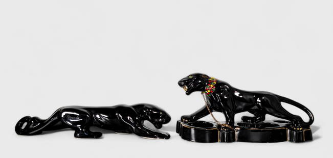 MCM Panter & Vanity Caddy Planter: MCM Panter & Vanity Caddy Planter, Haeger Panther, USA, 1950's. Glazed pottery. MCM vanity caddy planter, USA, 1950's. Glazed pottery with gilt and applied enamel. 21w x 4 1/4d x 4h