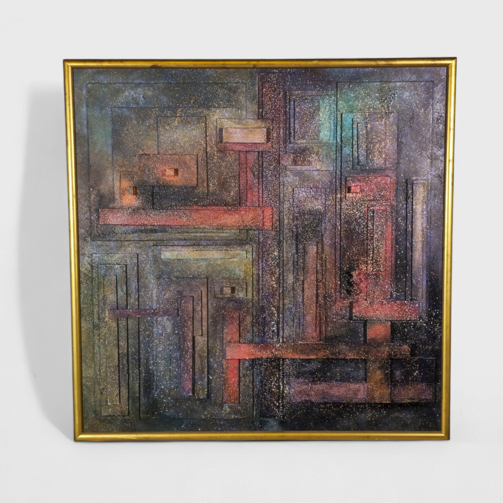 Alexanda (20th Century) Acrylic on Raised Geometric Layered Wood: Acrylic on raised layered wood geometric wood panel. Crazy amount of time and work. Signed Alexanda and painted in 1980. Original cost $5800. Sight- 47 x 47 1/4 Frame- 50 x 50