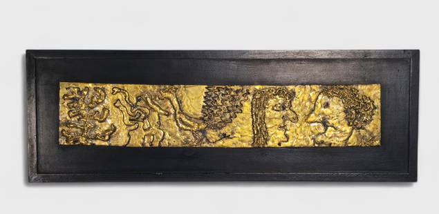 January Knoop (1935-2006) (Cincinnati) Bronze Plaque: Bronze plaque mounted to ebonized board. Metamorphous series original. Signed JK lower right. Plaque- 5 1/2 x 28 Frame- 11 5/8 x 34