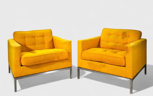 Florence Knoll Lounge Chairs: Florence Knoll Lounge Chairs, pair, Knoll International. 1950's. Upholstery and chrome plated steel. 32 1/2w x 32 1/2d x 29 1/2h Sh- 17 1/2