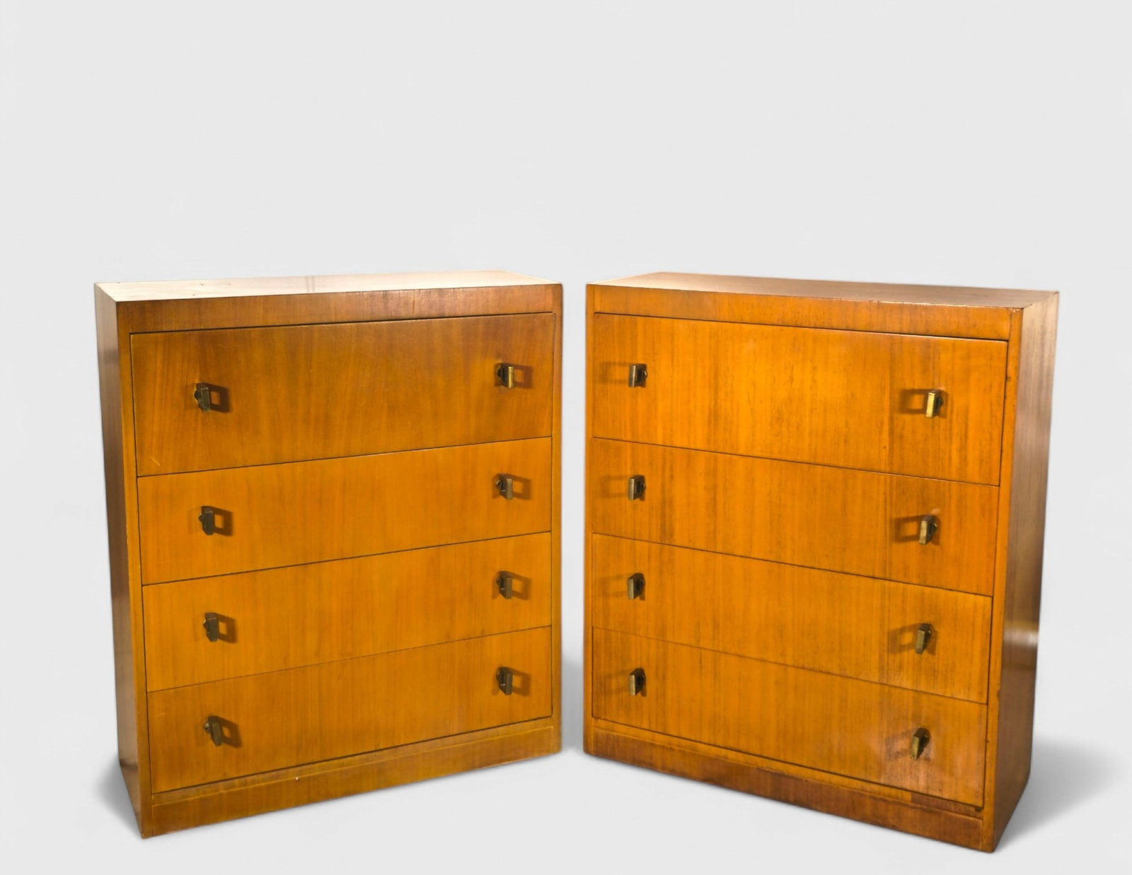 MCM Dressers/ Chests: MCM Dressers/ Chests, pair, 1950's. Oak and brass. One chest has top drawer with drop. Front working space. 34w x 14d x 40 1/8h