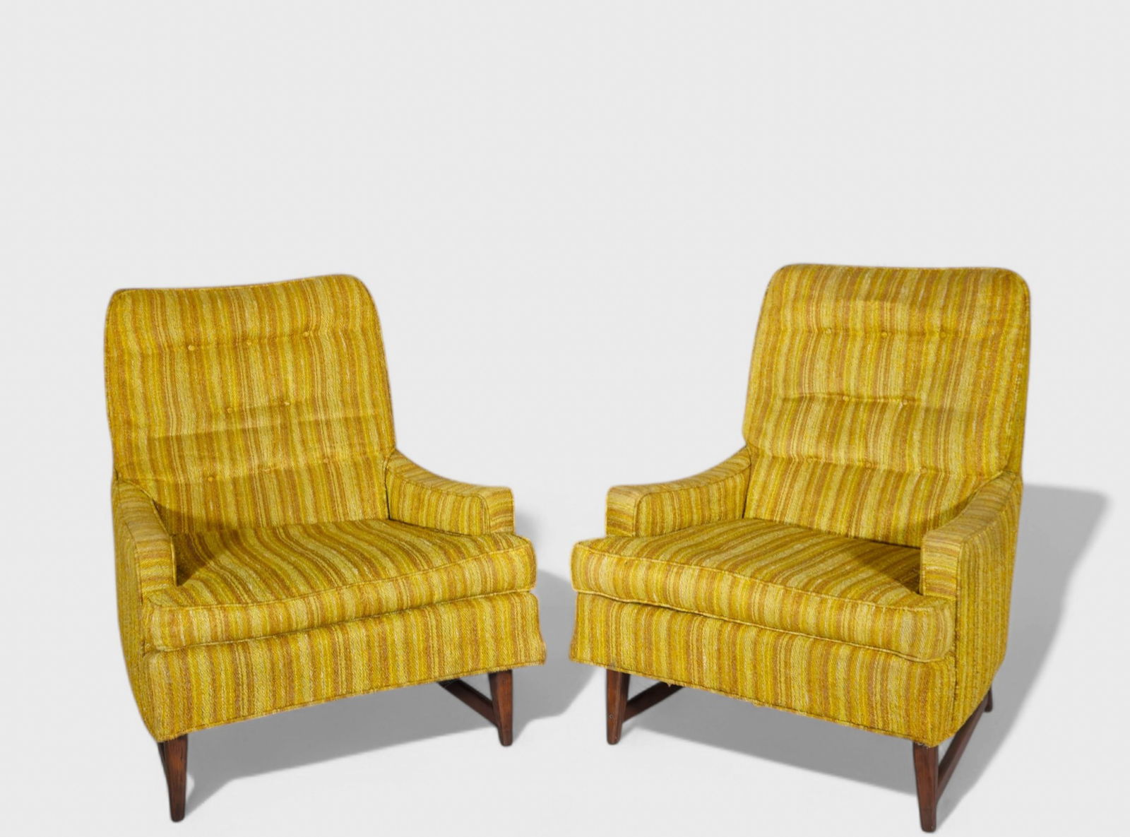 Lawarence Peabody Lounge Chairs: Lawarence Peabody Lounge Chairs, pair, Selig, USA, 1960's. Upholstery and walnut. 30w x 35d x 36 1/2h sh-17 1/2