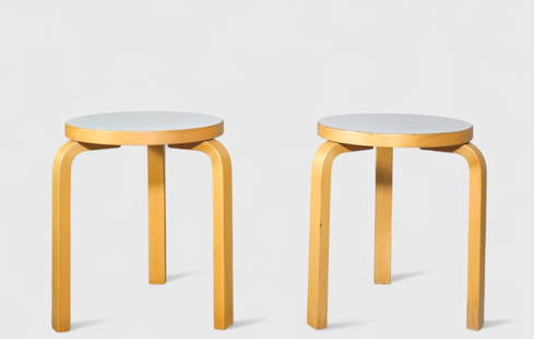 Alvar Aalto Side Table/ Stools: Alvar Aalto Side Table/ Stools, pair. ICF, 1990's. Laminated birch and laminate. 15w x 15d x 17 1/2h