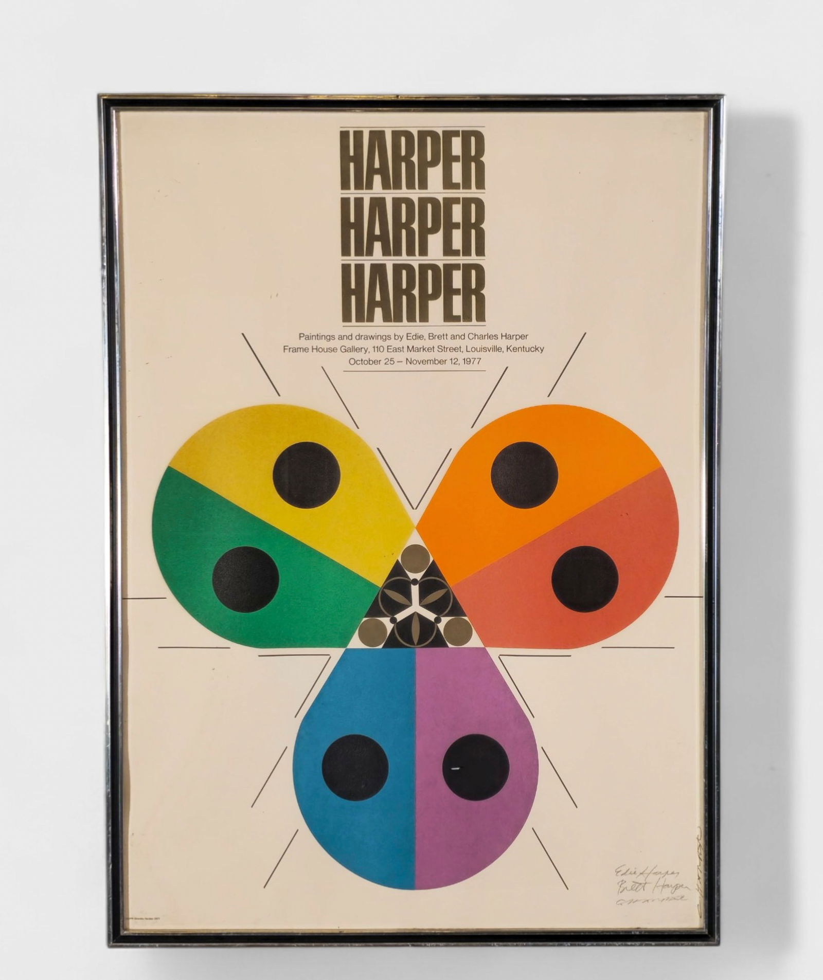 Harper Harper Harper 1977 Gallery Poster: Color poster on hand woven paper. Titled Harper Harper Harper. Paintings and drawings by Edia, Brett and Charley Harper. 1977. Signed by all three lower right. Image size- 27 1/2 x 19 1/2 Frame- 28 3/