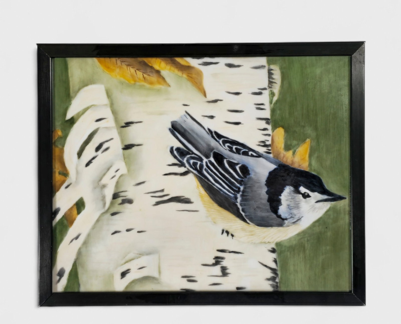Tom Trauthwein (20th/21st Century) (Dayton) Plaque, Bird Perched on Tree: Hand painted plaque decorated with a perched bird on a tree. Signed to verso. Plaque- 7 1/2 x 9 1/2 Sight- 7 3/8 x 9 3/8 Frame- 8 1/4 x 10 14