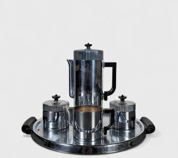 Walter Von Nessen "Continental" Coffee Service: Walter Von Nessen "Continental" Coffee Service, (5) piece set. Chase Brass & Copper Co. USA, 1936. Manufacture's mark to each element. Silver plated brass and Bakelite. Set includes coffee pot, (2) su